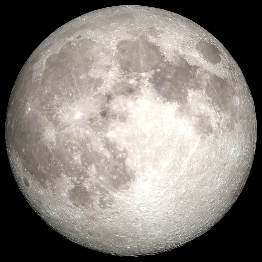 The Moon’s near side, showing its bright cratered highlands and darker plains.