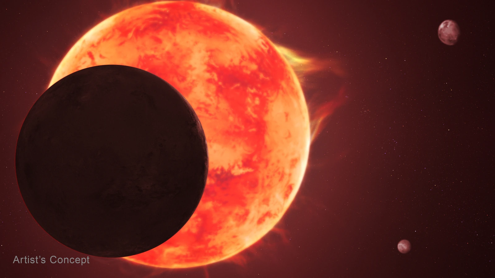 An artist’s concept of TRAPPIST-1 d passing in front of its red dwarf star, with two other planets in the background.